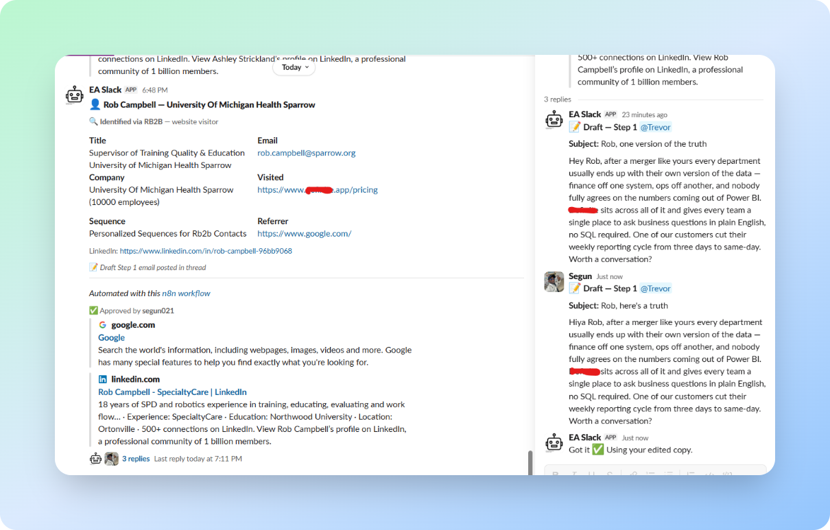Slack thread screenshot showing Claude's draft email, a human rewrite reply, and the final approved version
